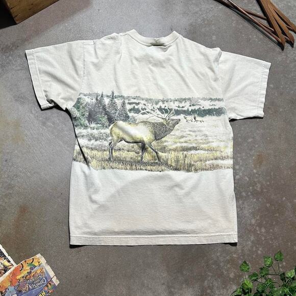 Vintage 90s Art Unlimited Elk Nature Animal Print AOP Tee Mens XL Tan Shirt - Picture 3 of 5